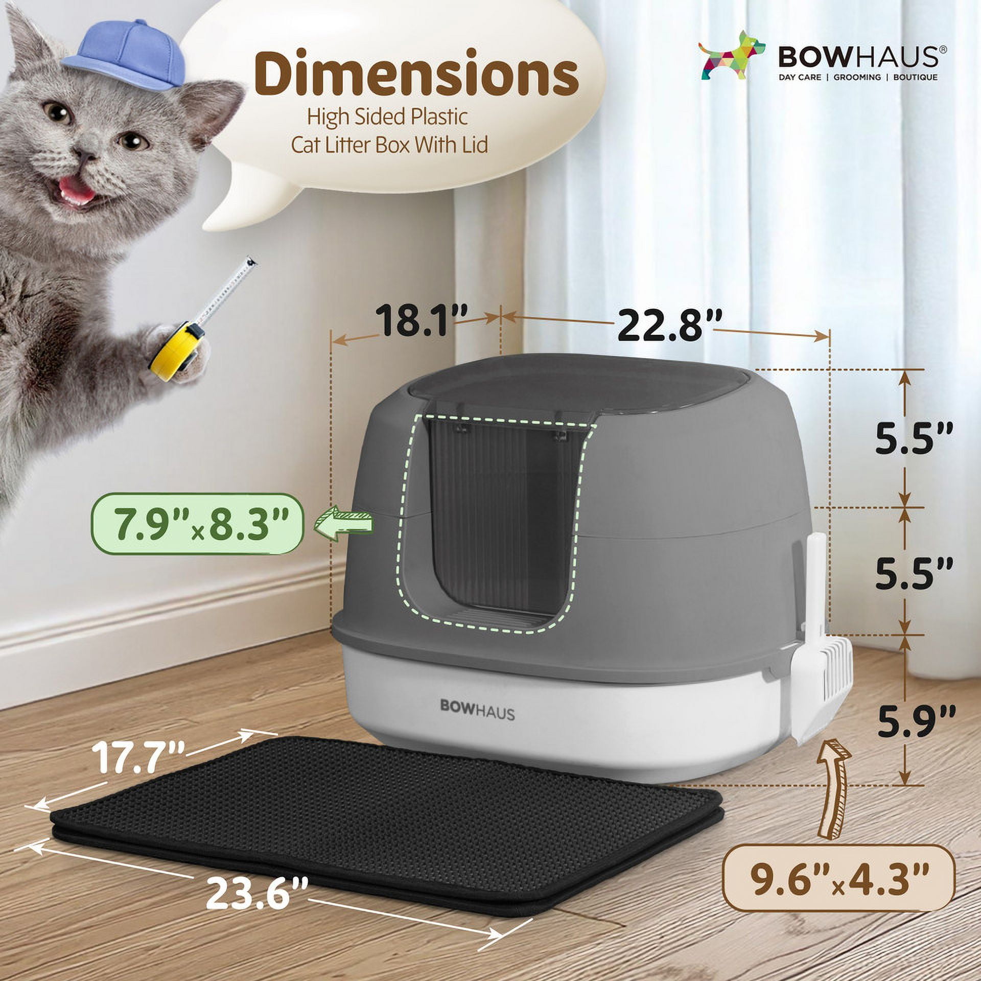 CAPHAUS 3-in-1 Detachable Cat Litter Box w/ Lid, Large Anti-Leakage Cat Toilet with Scoop, Cat Mat & Odor Fitter, Plastic Cat Box for All Sizes of Cats, Dark Grey