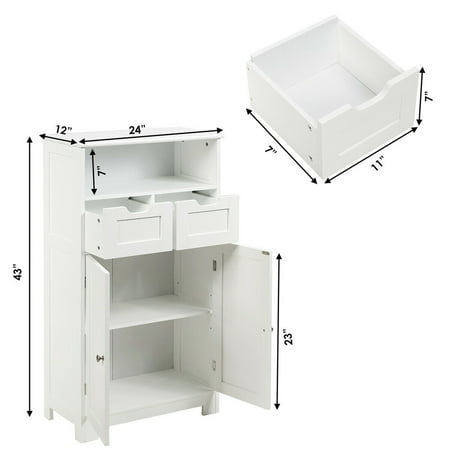 Gymax Bathroom Floor Cabinet Wooden Storage Organizer Side Cabinet W/2 ...
