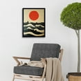 thumbnail image 2 of Sunset Over Sea Waves Linocut Illustration With Red Sun Art Print Framed Poster Wall Decor 12x16 inch, 2 of 5