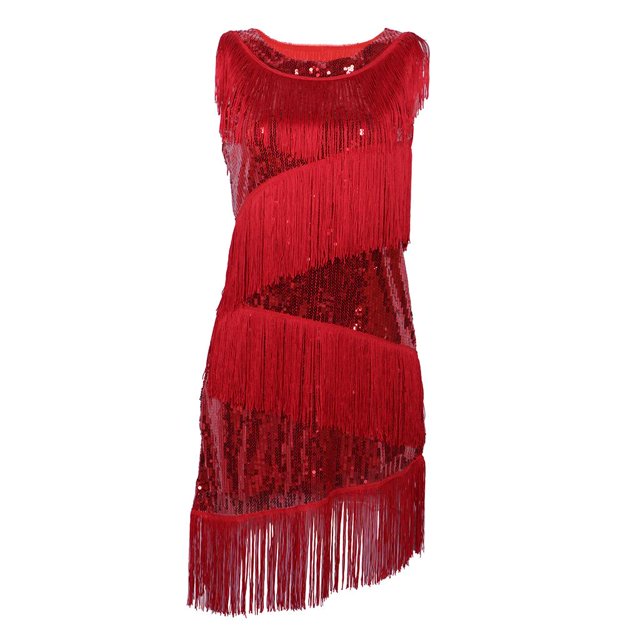 Vestido de baile latino Sunnimix con flecos y lentejuelas Rojo