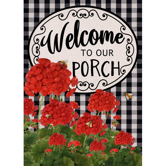 Welcome to Our Porch Geranium Garden Flag 12x18 Inch, Red Flower Black White Buffalo Plaid Spring Summer Fall Outdoor Yard Decor