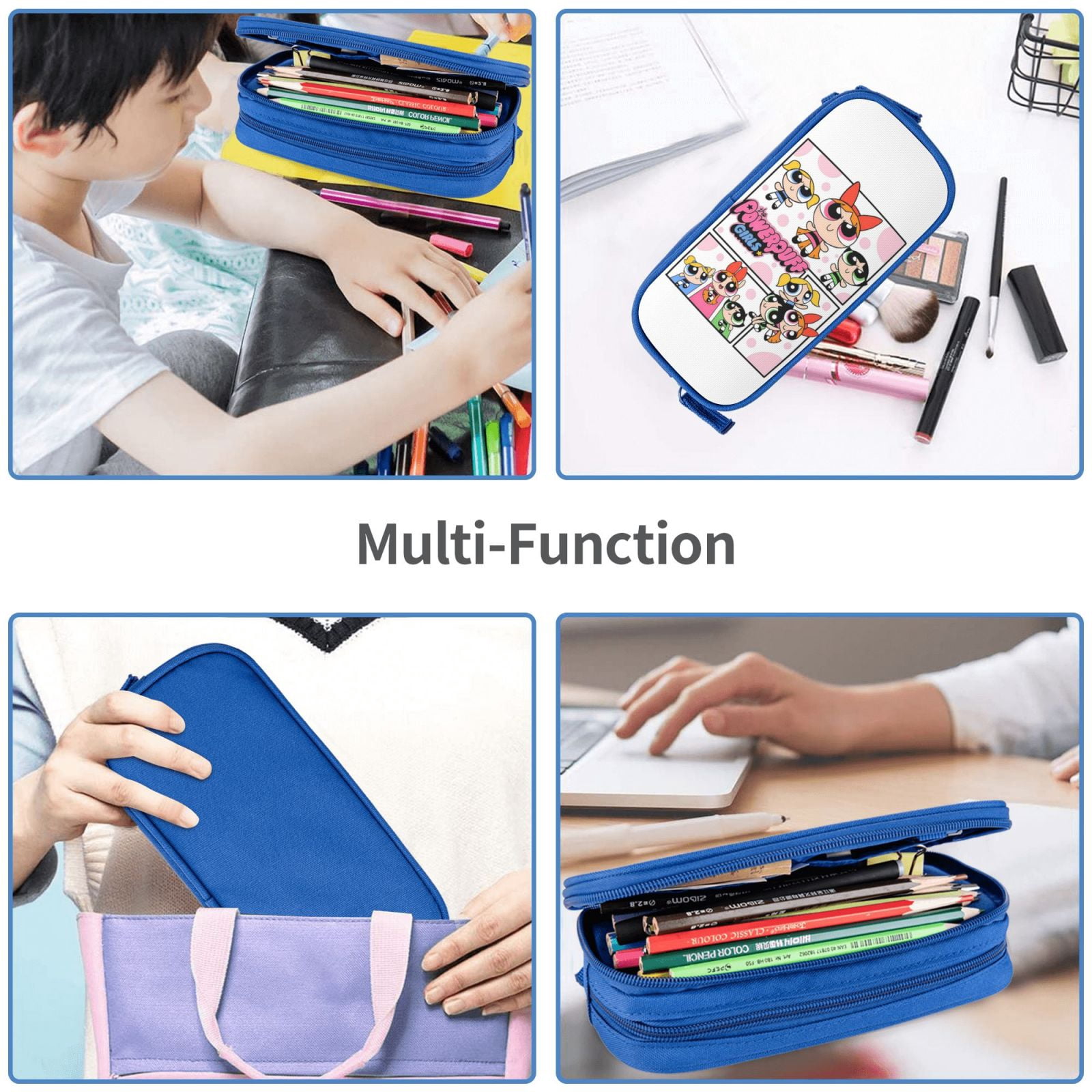 The Powerpuff Gi-rls Pencil Case Large Capacity Pencil Pouch Pen Bag Office Stationery Organizer Travel Makeup Bag Blue