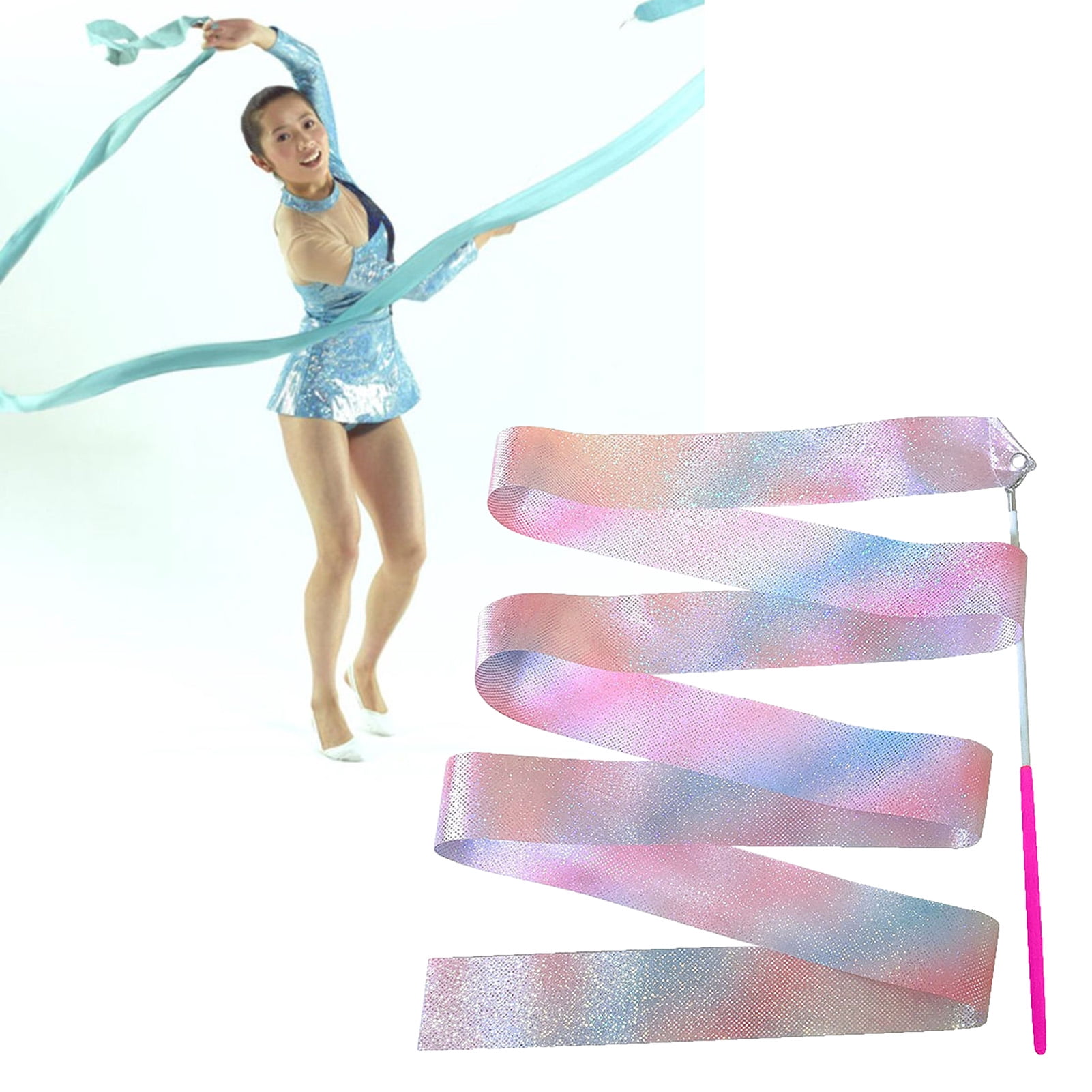 2 Rubans De Gymnastique Rythmique, 2m Chacun, Avec Baguette – Satin Brillant Dégradé Rose/bleu, Pour Danse, Entraînement Ou Spectacle