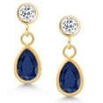 thumbnail image 2 of Gem Stone King 14K Yellow Gold Blue Sapphire and White Topaz Dangle Earrings for Women (1.28 Cttw, Gemstone September Birthstone, Pear Shape 6X4MM, Round 3MM), 2 of 4