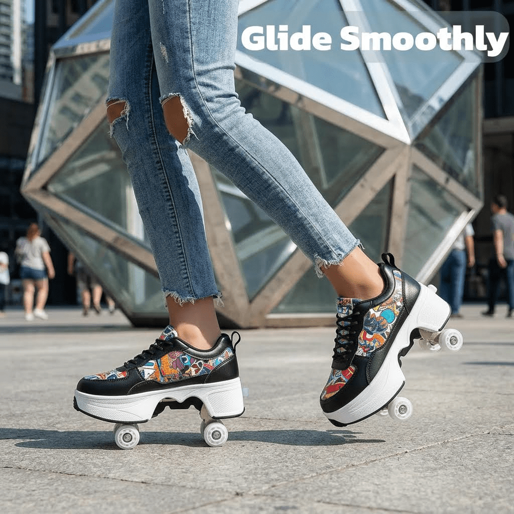 CZV Women's & Teens Graffiti Print Four-Wheel Convertible Roller Skate Shoes,2-in-1 Roller Skates & Sneakers Unisex Retractable Wheels Indoor Outdoor Fun & Fitness Kick Roller Shoes