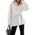 thumbnail image 2 of Women'S Long Sleeve Button Down Shirts Tie Waist Casual Loose Blouses Tops White L, 2 of 10