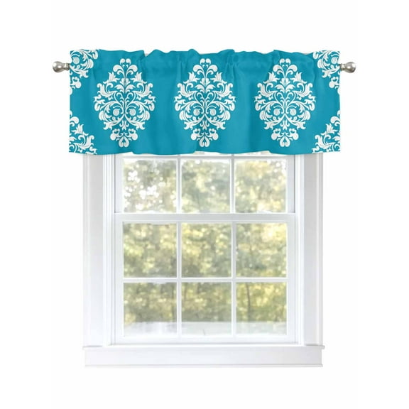 Vintage Floral Teal Valances for Windows, Rod Pocket Kitchen Valance Curtains - Soft & Washable Small Window Treatment for Living Room, Bathroom, Rustic , 42x12 Inch, 1 Panel