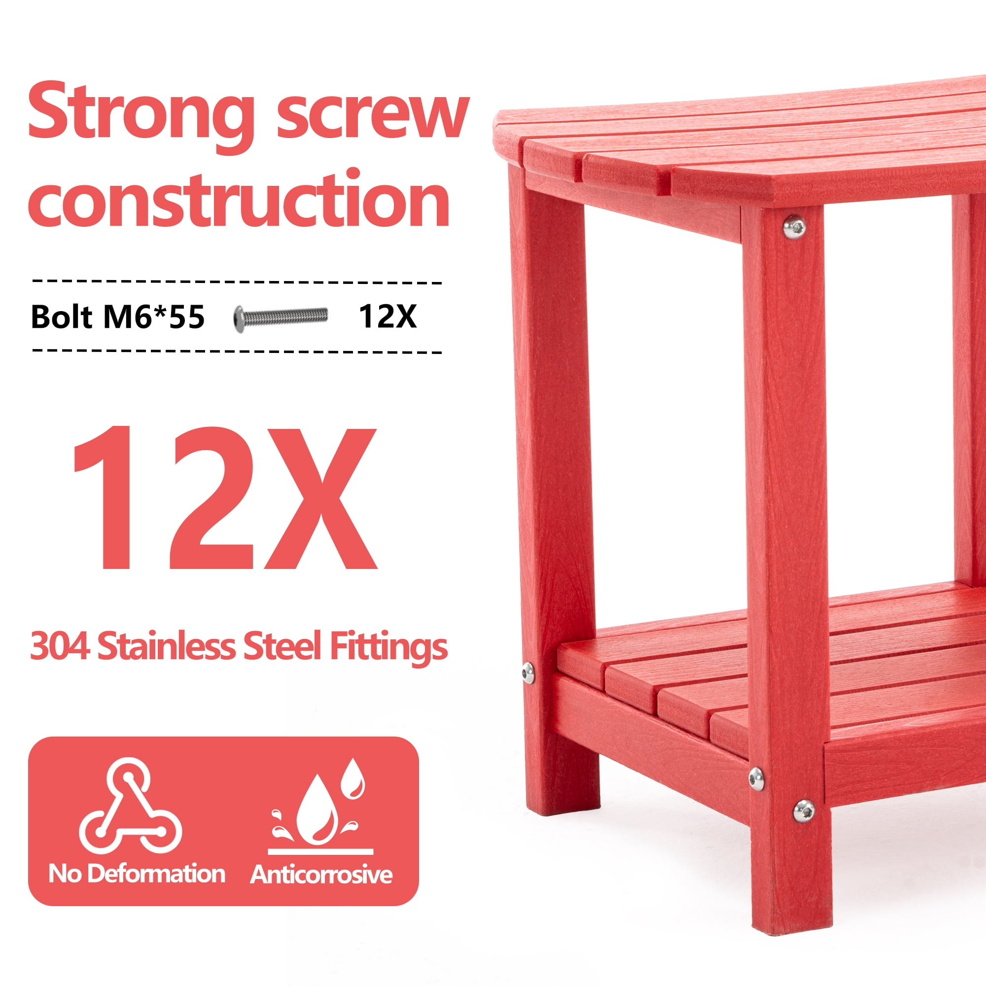 ENYLAY Adirondack Small Outdoor Side Table , Weatherproof HDPE Patio End Table with 2-Tier Storage for Firepit, Balcony, Garden, Poolside or Bathroom (Red, Set of 2)