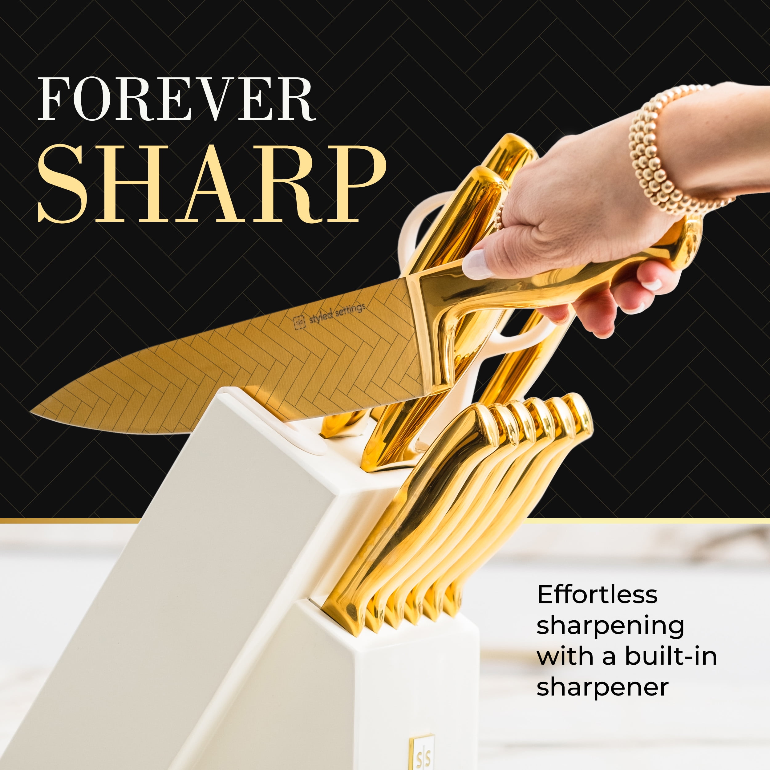 Styled Settings Gold Knife Set for Kitchen – 14-Piece Titanium-Coated Blades with Etched Leaves Pattern, Ultra-Sharp Stainless Steel, Durable & Stylish Kitchen Knife Block Set