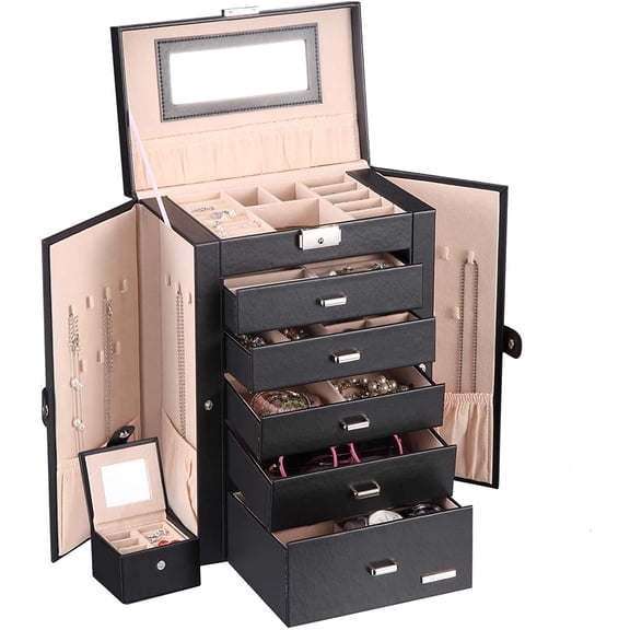 2 in 1 Huge Jewelry Box/Organizer/Case Faux Leather with Small Travel Case, Gift for Girls or Women (Black)