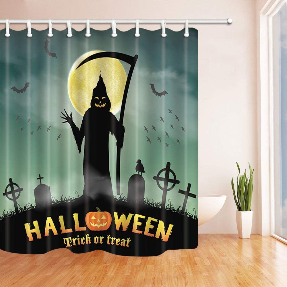 Details about   Halloween Pumpkin Graveyard Grim Reaper Waterproof Fabric Shower Curtain Set 72" 