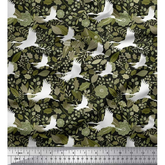 Soimoi Polyester Crepe Fabric Leaves,Floral & Princess Cat Bird Printed Fabric 1 Yard 42 Inch Wide