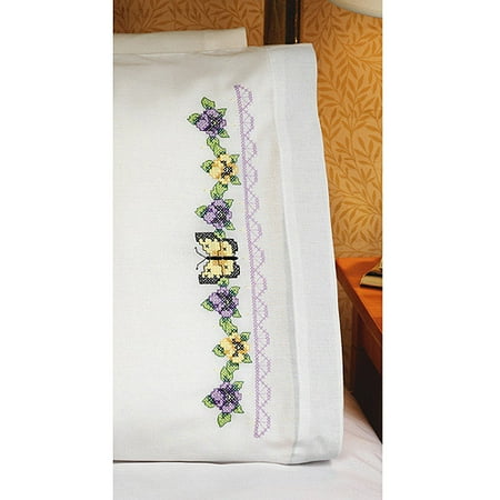 Pansies and Butterflies Pillowcase Pair Stamped Cross Stitch