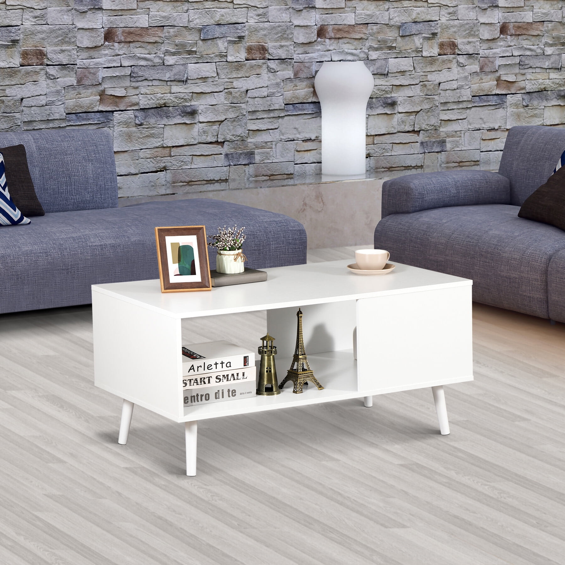 ZENY Wood Frame Mid Century Coffee Table with Open Storage Shelf Living Room TV Table, White