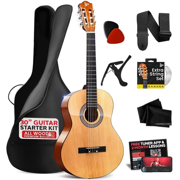 Pyle 30" 1/4 Size Beginner Acoustic Guitar Kit โ All Wood Nylon String Instrument with Capo, Strap, Extra Strings & Gig Bag, Natural Gloss