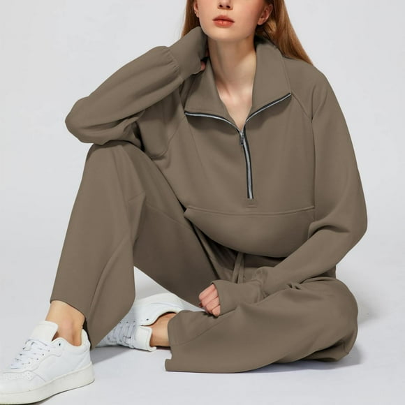 GZWYHT Ensembles pour Femmes Ensembles à Manches Longues pour Femmes Pantalons Unis Décontractés et Confortables pour le Quotidien Ensemble de Printemps et d'Automne Ensembles de Détente pour Femmes Survêtements pour Femmes Ensemble Café S
