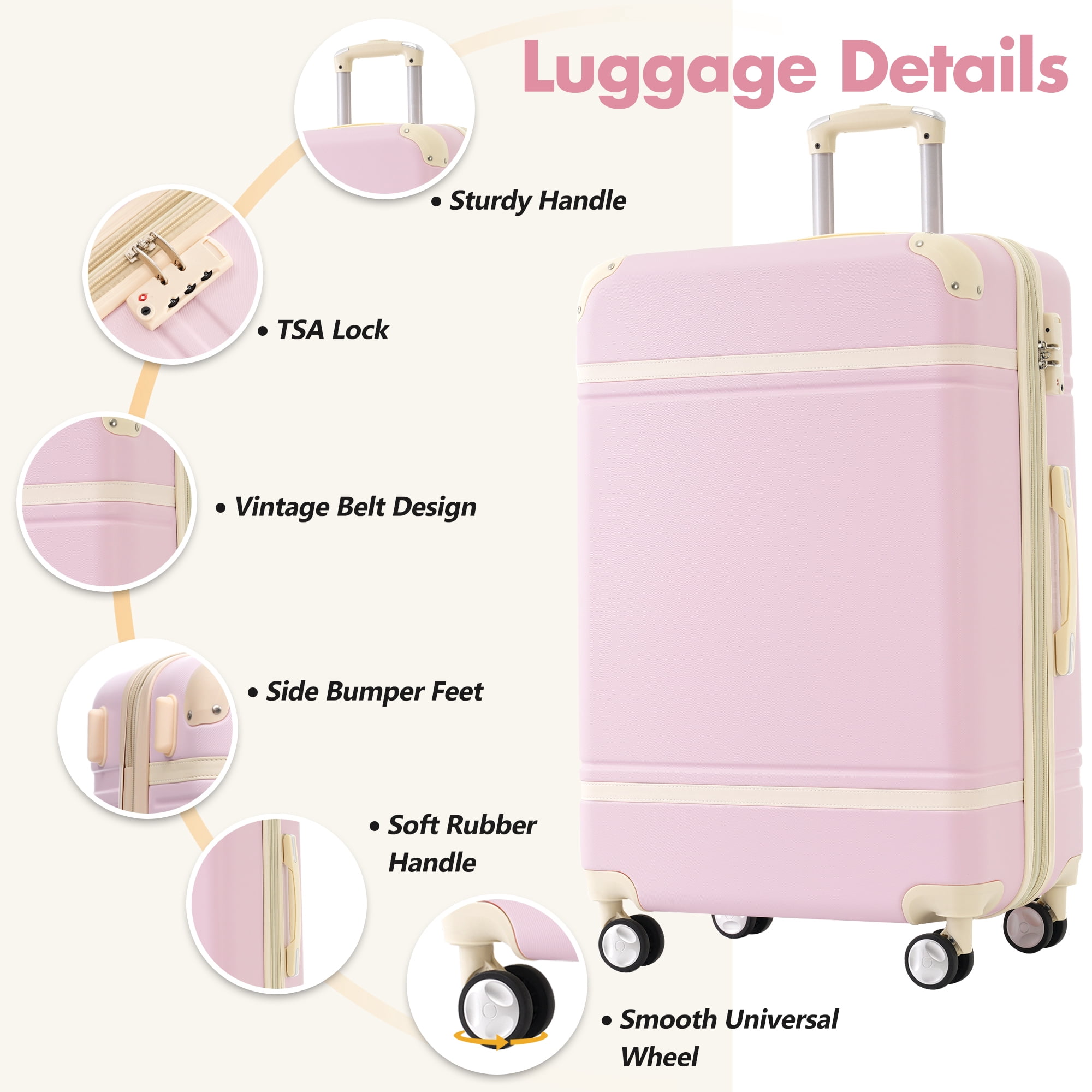 Euroco 3-Piece Luggage Sets, 24" Medium Checked Luggage with TSA Lock,Spinner Wheels & 2 Bags,ABS Hardside Lightweight Suitcase Set for Men Women,Light Pink