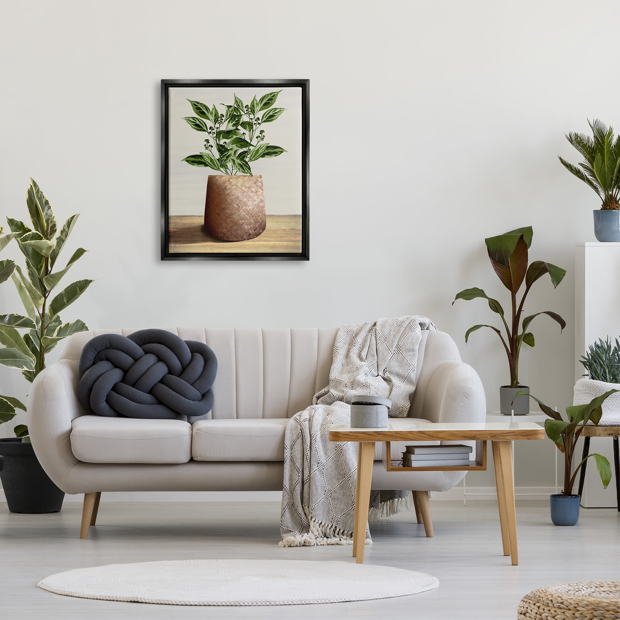 Stupell Industries Plant in Woven Planter Botanical & Floral Painting Black Floater Framed Canvas Art Print Wall Art, 25 x 31