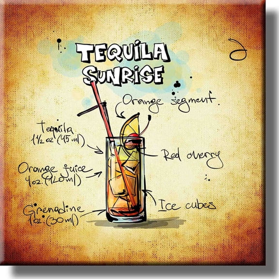 Tequila Sunrise Drink Recipe Picture on Stretched Canvas, Wall Art Decor, Ready to Hang!