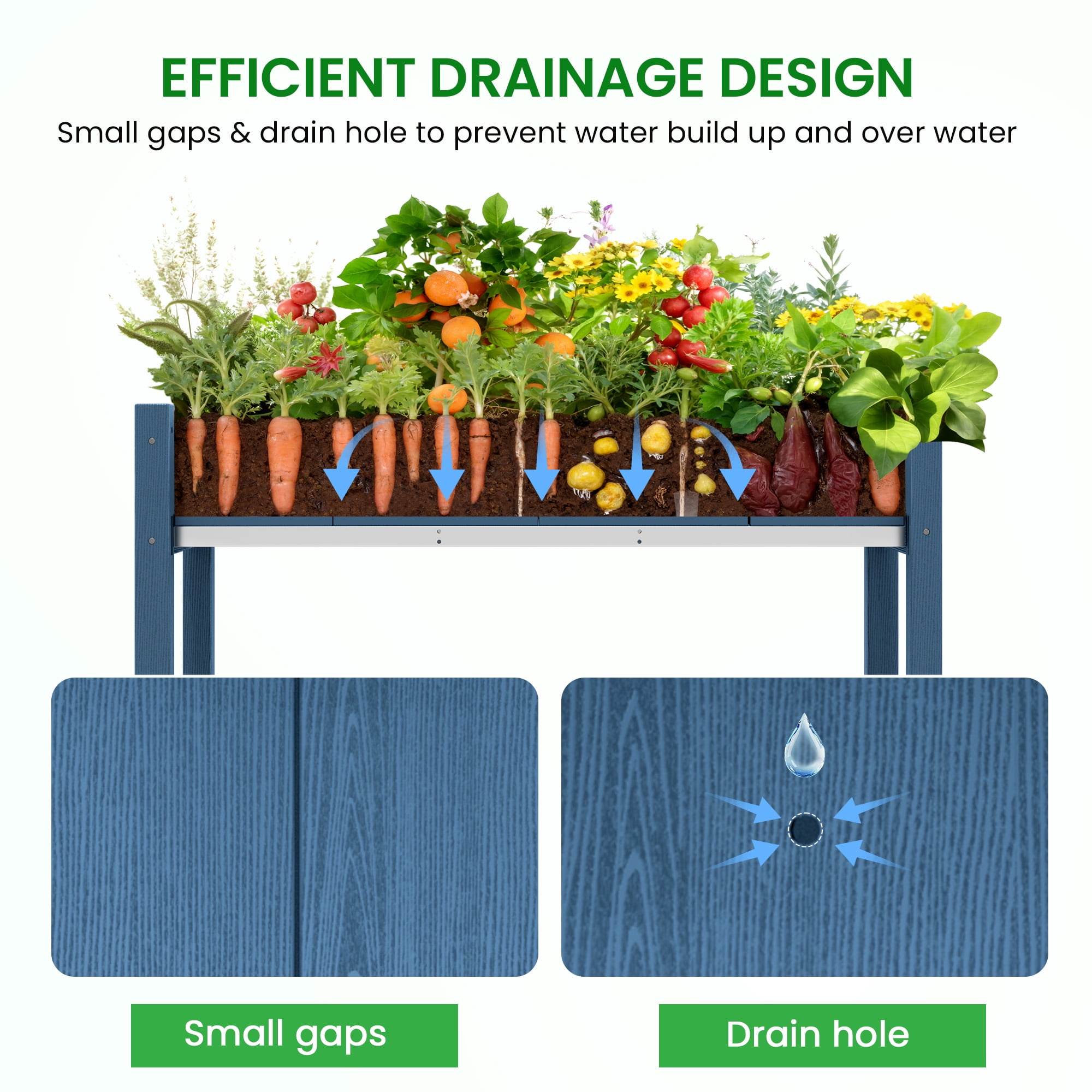 SERWALL HDPE Raised Garden Bed with Legs, 43"x16"x30" Elevated Planter Box, Outdoor Planter for Vegetables Flowers, Blue