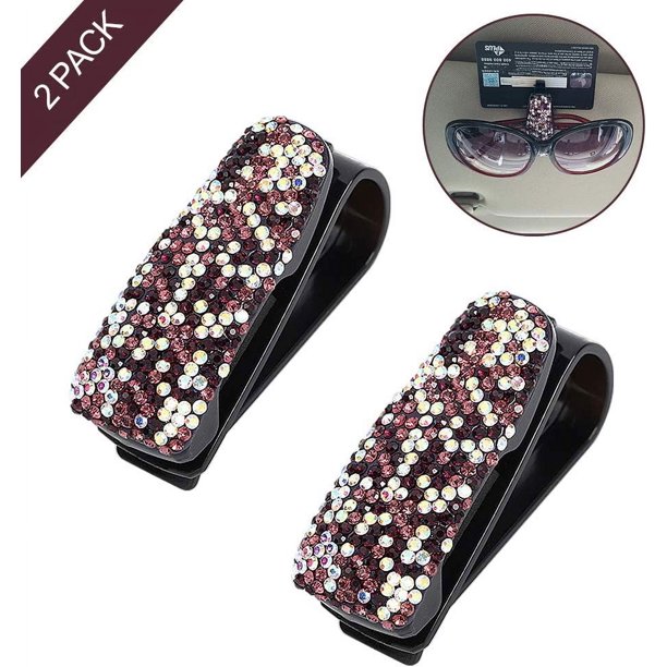 Soporte para gafas de sol para visera de coche, paquete de 2, soporte para gafas con clip para colgar, soporte para gafas para coche con cristales brillantes y clip para tarjetas y billetes