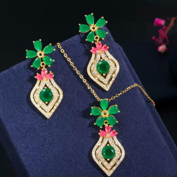 Cubic Zirconia Silver Plated Green Flower Necklace Earring Jewelry Set for Party