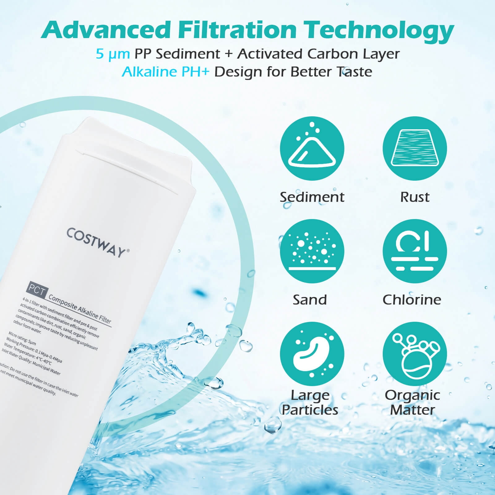 Costway Replacement PCT Filter for AW-RB20/AW-RB05 Under-Sink Reverse Osmosis System White-PCT