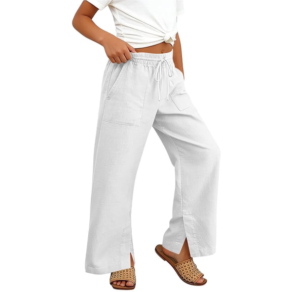 KyCheLot Girls Cotton Linen Pants Hem Slit Summer Comfy Wide Leg Elastic Waist Lounge Pant with Pockets
