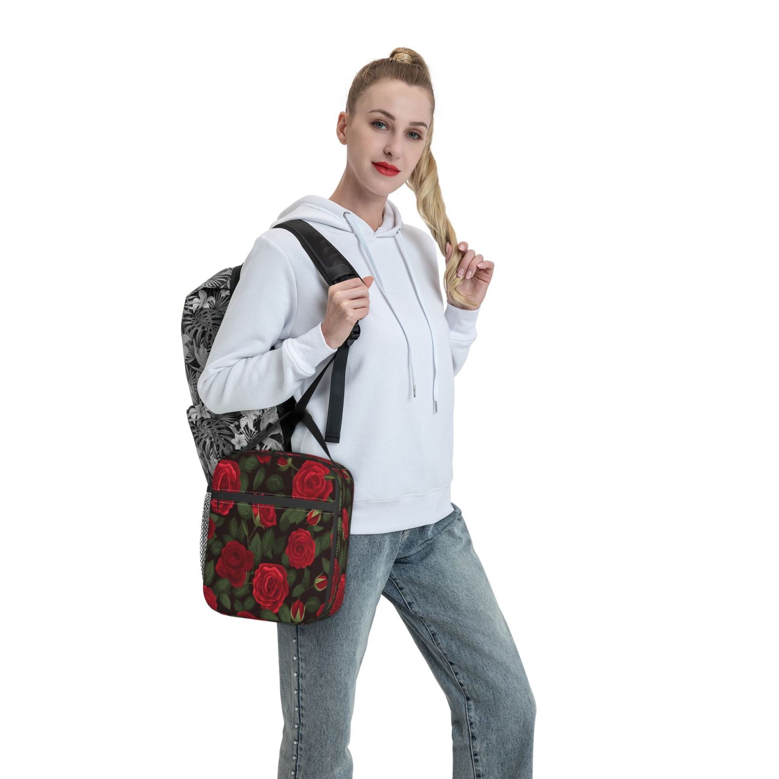 Lunch Bag For Women Men Insulated Portable Lunch Box Bento Box Office Picnic Travel Cooler Bag Red Rose Flower