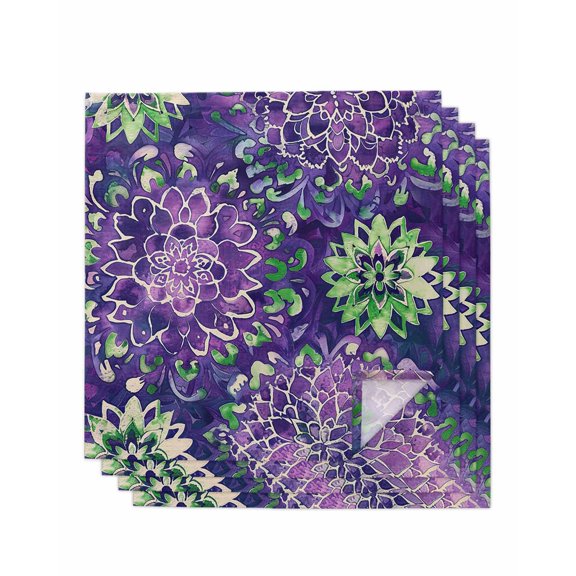 Purple Green Flowers Cloth Napkins Set of 4, Watercolor Vintage Botanical Washable Reusable Dinner Cocktail Napkin for Kitchen Party Wedding Banquet Holiday Baby Shower Table Decor