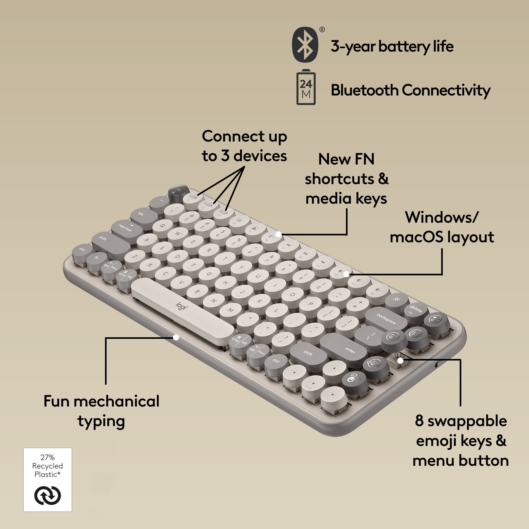 Logitech POP Keys Mechanical Wireless Keyboard with Customizable Emoji Keys, Compact Design, Bluetooth, Mist