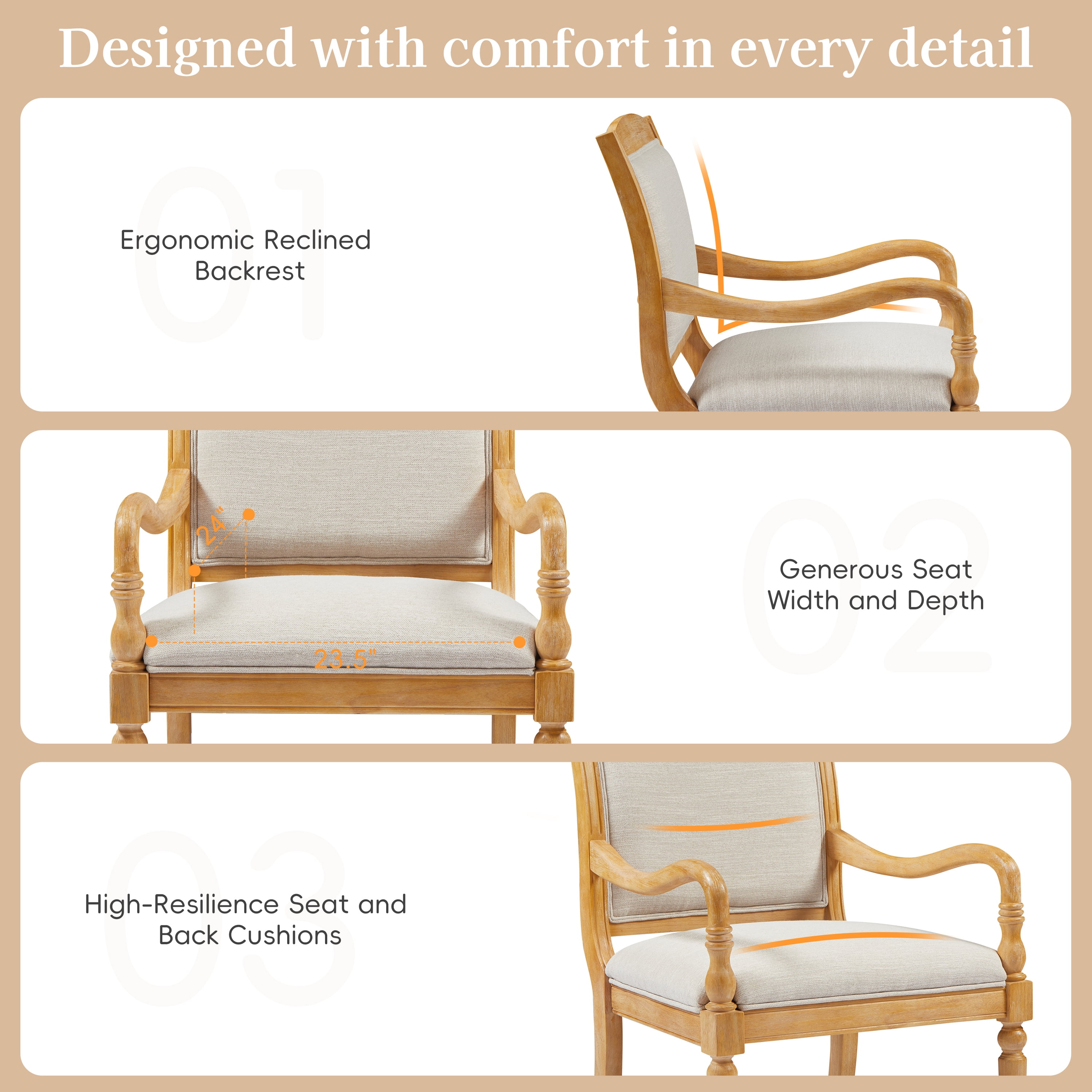 Euroco Mid-Century Modern Accent Chair,Upholstered Armchair with Solid Wood Frame,Comfy Fabric Reading Chair Lounge Chair for Living Room, Bedroom,Natural