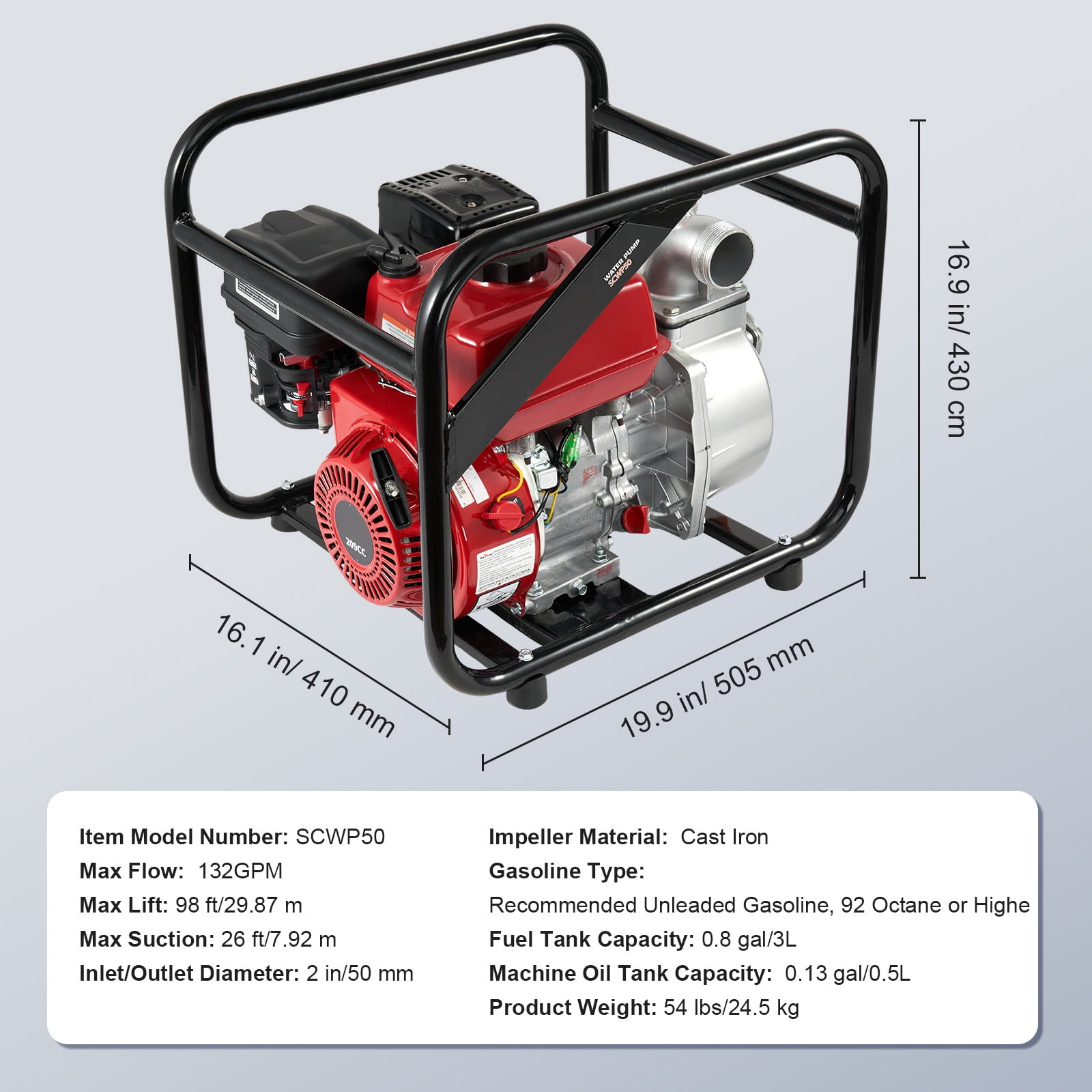 KFFKFF Fuel-Driven Debris Pump, 2 in/50 mm, 7HP 132GPM 4-Stroke Fuel Engine Water Relocation Pump with 25 ft/7.62 m Discharge Hose Max 98 ft Elevation 26ft Intake, Cast Iron Rotor for Watering Pool