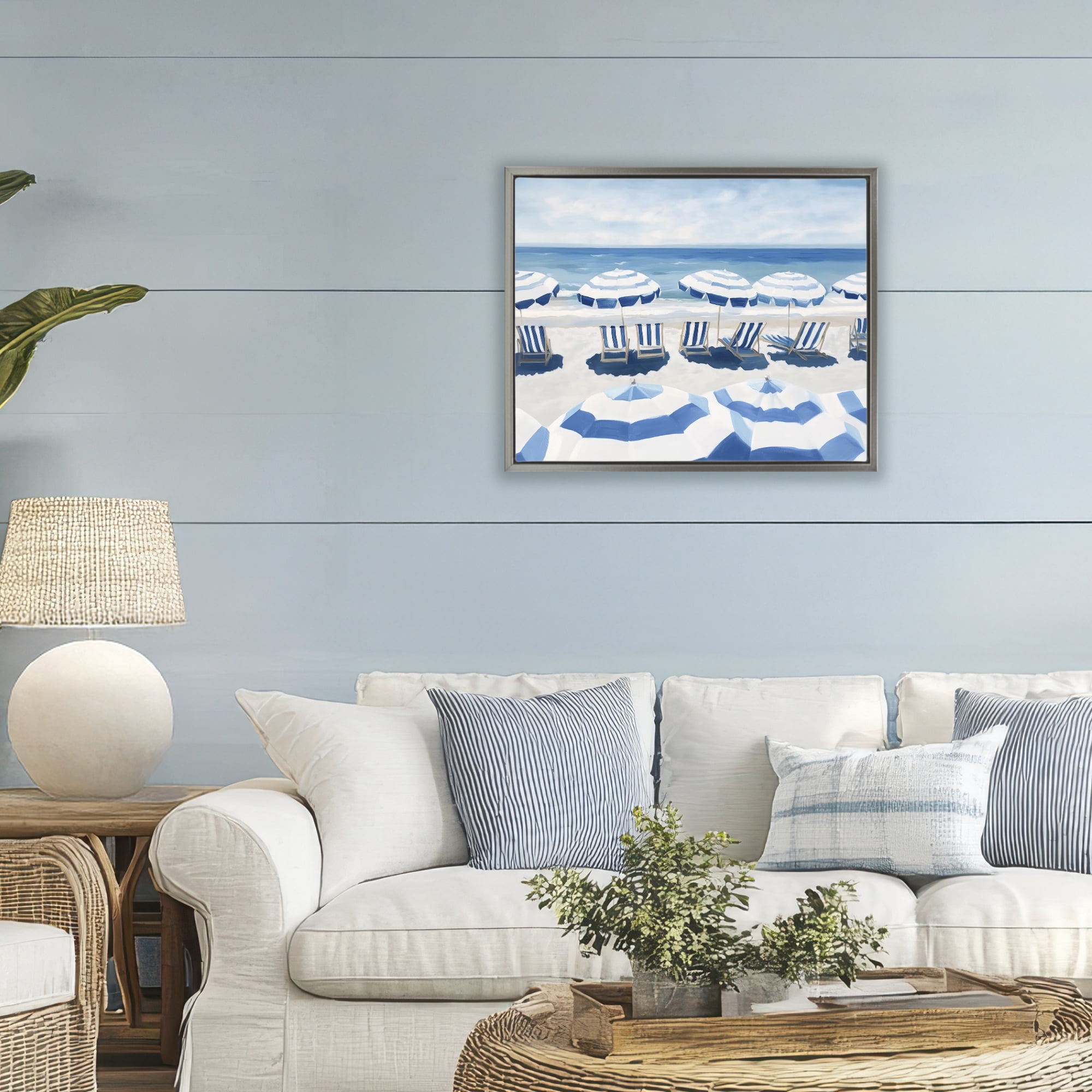 Stupell Industries Beach Nice Blue Striped Umbrellas Gray Framed Floater Canvas Wall Art, design by Sisi and Seb