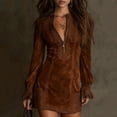thumbnail image 4 of Women's Suede Dress V-Neck Zipper Lace Long Sleeve Solid Color Vintage Dress for Winter Vintage Style and Casual Wear,Coffee,L, 4 of 5
