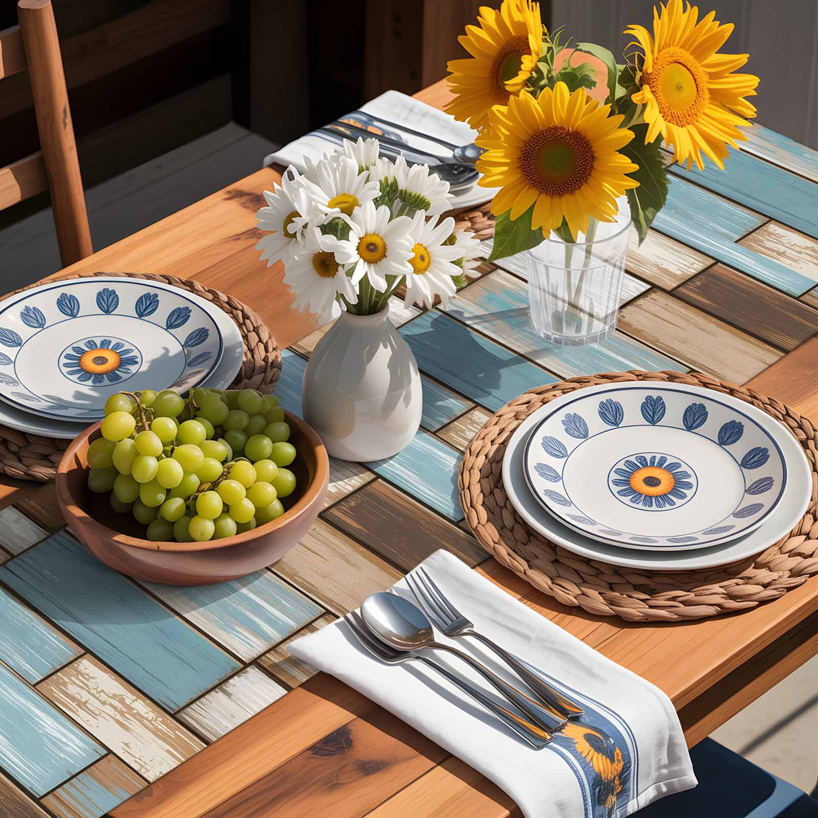 Vintage Farmhouse Wooden Board Table Runner 90 Inches Long, Rustic Blue Brown Wood Plank Table Runners Tabletop Scarf Kitchen Dining Tables Decoration for Home Party Indoor Outdoor