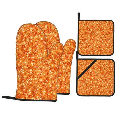 

Oven Mitts and Pot Holders Sets 4 pcs Orange Glitter k Non-Slip Oven Gloves Potholders Soft Quilted Lining Heat Resistant Gloves Hot Pads for Kitchen Cooking Baking