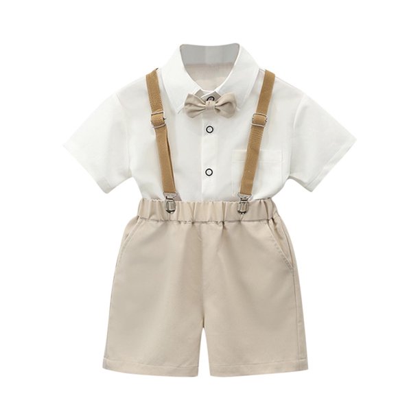 Odeerbi Chicos 4 Piezas Caballero Traje Formal Preppy Vestido de Manga Corta Camisa de Vestido + Traje Pantalones Cortos + Colgantes + Corbata Colegial Conjunto de Uniforme
