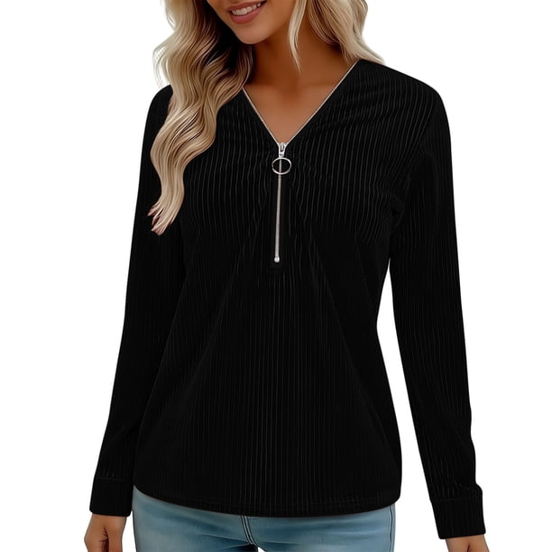 Blusas de Manga Larga para las Mujeres Cremallera de Cuello en V Delantera Color Sólido Top de Moda Casual, Tops de Color Sólido para las Mujeres