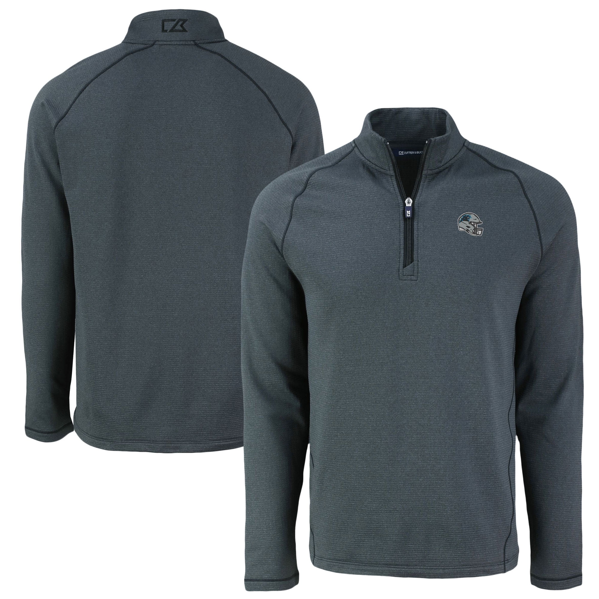 Men's Cutter & Buck Heather Black Carolina Panthers Peshastin Eco Fleece Tri-Blend Raglan Recycled Quarter-Zip Jacket