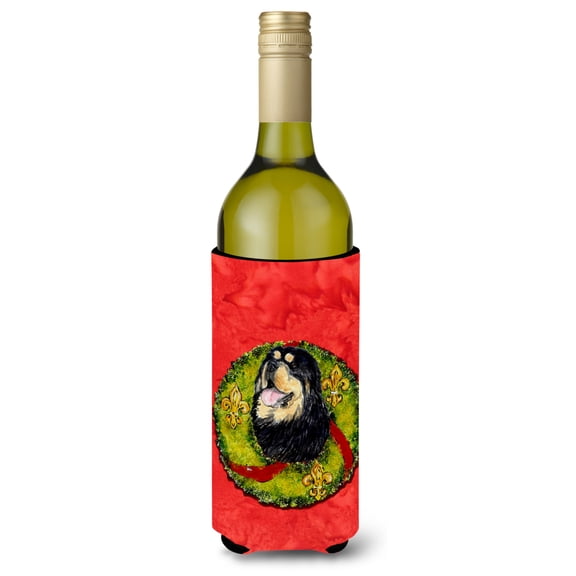 Tibetan Mastiff Cristmas Wreath Wine Bottle Hugger