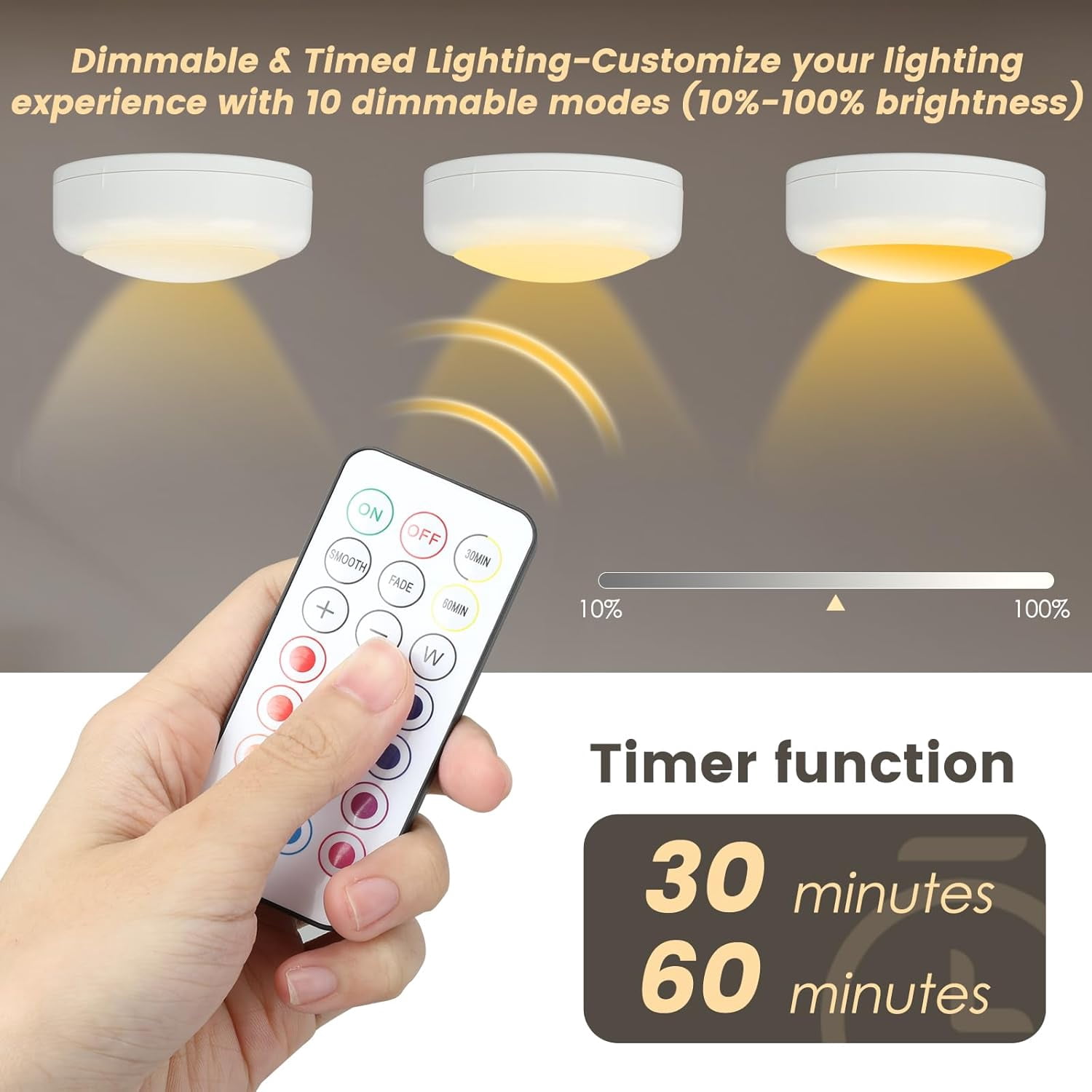 JJEAN-RGBW Color Changing Puck Lights with Wireless Remote - 16 Colors Dimmable Under Cabinet, Battery Powered LED Push Puck Lights with Timer & Memory Function, White (3 Pack)