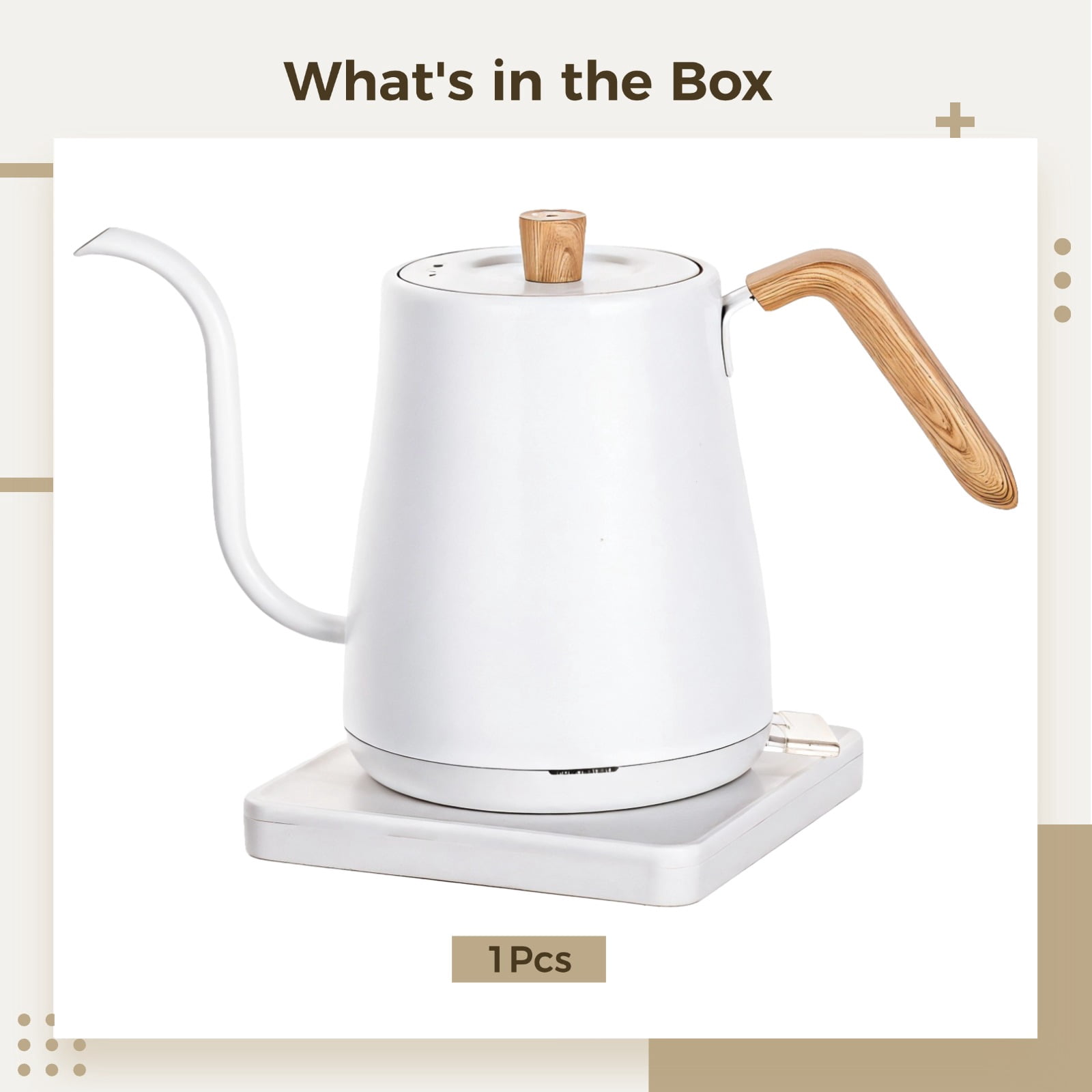 Gooseneck Kettle for Precise Pouring, 314.96 in (800 ml) Stainless Steel Water Heater for Tea and Coffee, 1000W Fast Heating, Ergonomic Wooden Handle, Temperature Control with Auto Shut Off (110V)