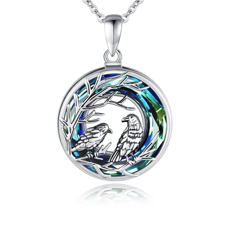 TRISHULA 925 Silver Raven Skull Crystal Necklace, Gothic Viking Crow Jewelry, Mother's Day Gift