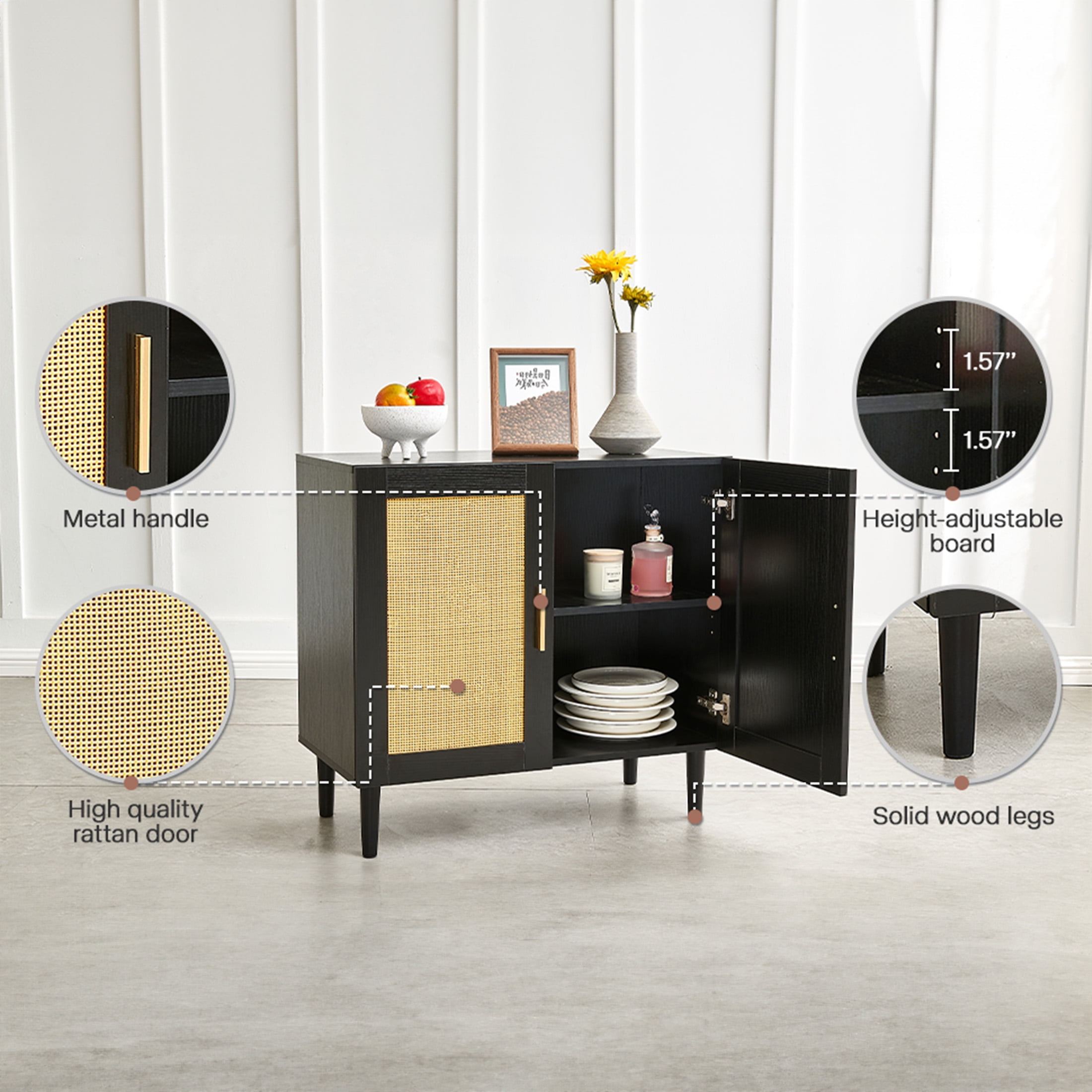 Aukfa Accent Cabinet Sideboard w/ Rattan Door for Living Room Entryway,Black