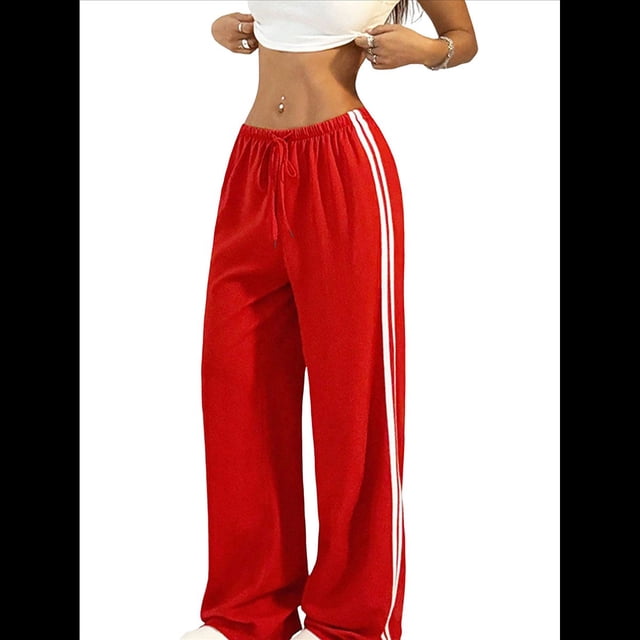 Pantalones Deportivos Holgados de Pierna para Mujer, Tiro Bajo, Estilo Y2K, con Cordón Ajustable Rojo L