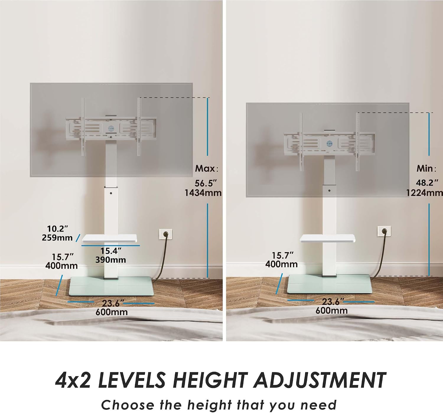 FITUEYES Floor TV Stand for 32–75 Inch TVs, White, Power Outlet, Swivel Mount