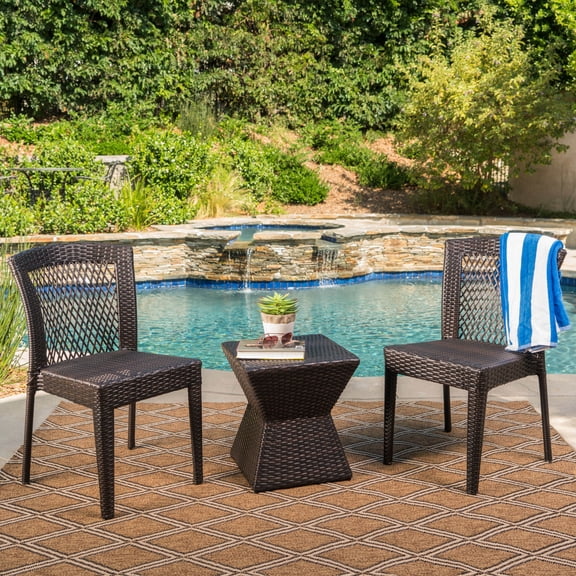 Morgan Outdoor 3 Piece Wicker Chat Set with Stacking Chairs and Square Side Table, Morgan