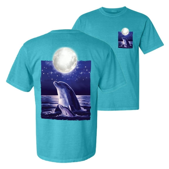Wild Bobby, Nautical Full Moon Bottlenose Dolphin, Animal Lover, Front and Back Garment-Dyed Short Sleeve Tees, Blue Lagoon, Small