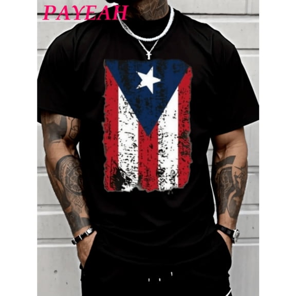 【New Arrival】Men's Vintage Puerto Rico Flag Graphic T-Shirt Casual Cotton Short Sleeve Distressed Patriotic Tee